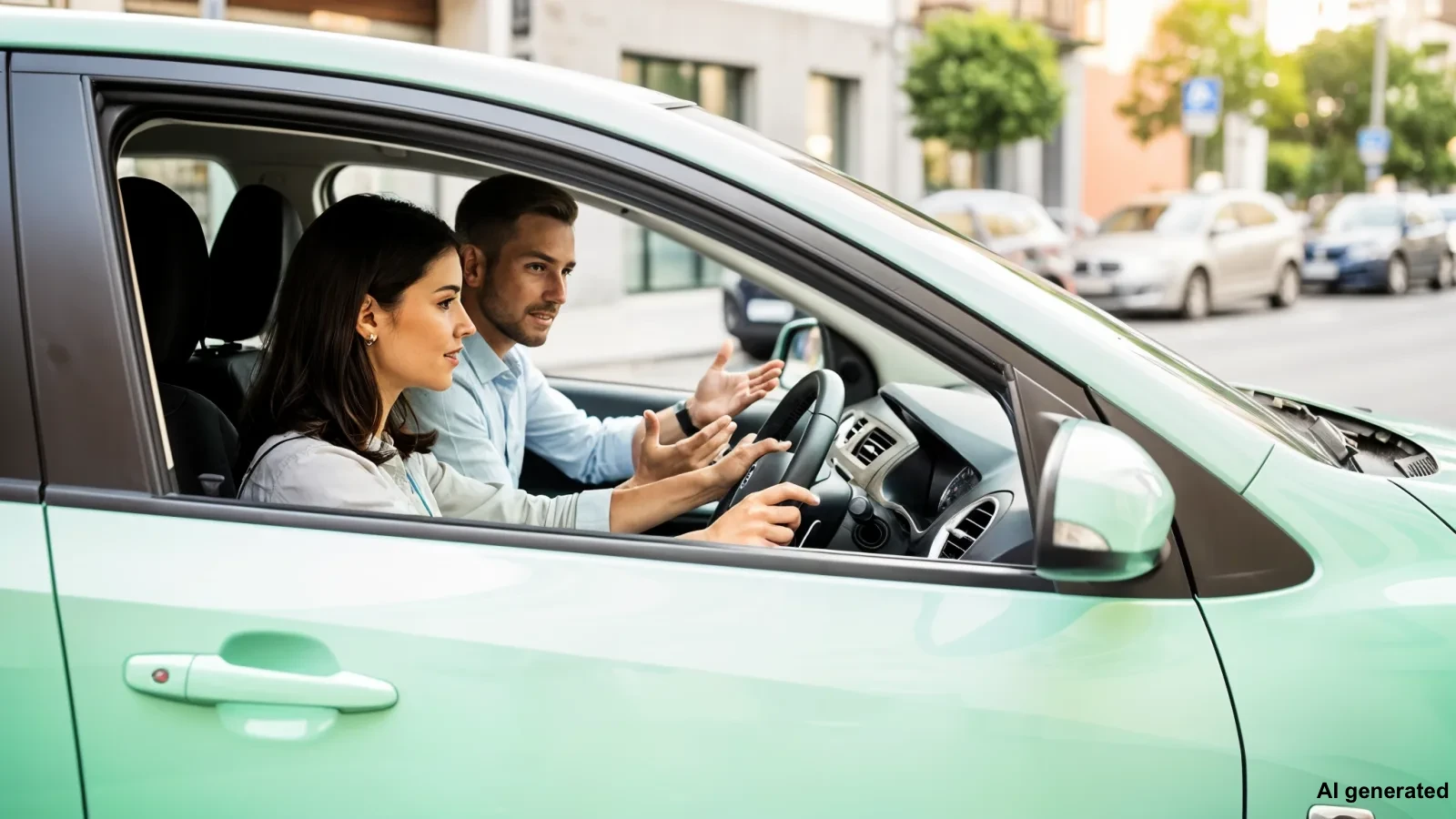Fahrschülerin beim Einparken mit Fahrlehrer im Fahrschulauto von AB-Fahren