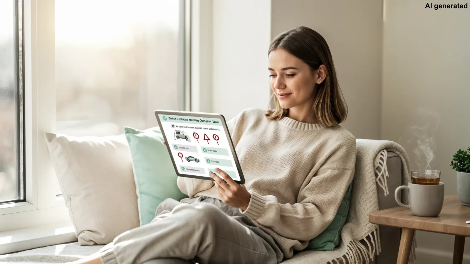 Fahrschülerin lernt entspannt mit Tablet für die Theorieprüfung