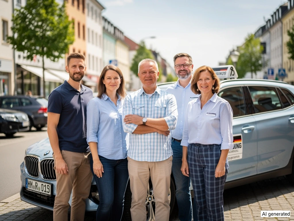 Das Fahrlehrer-Team von AB-Fahren vor den Fahrschulfahrzeugen